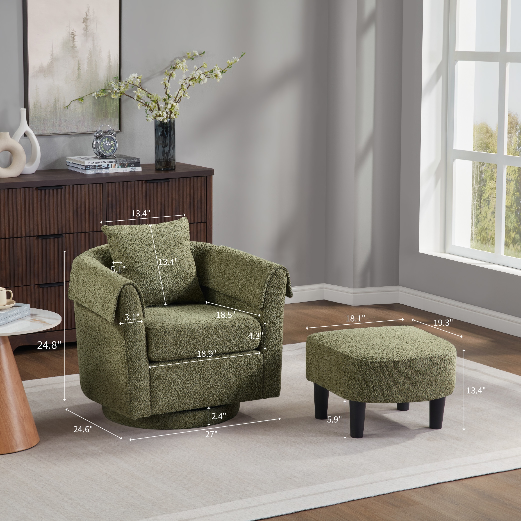 Swivel Accent Chair With Ottoman Set, Modern Chenille Barrel Armchair With Removable Back Pillow & 2 Armrest Covers For Living Room, Bedroom, Office, Green_voghion.com